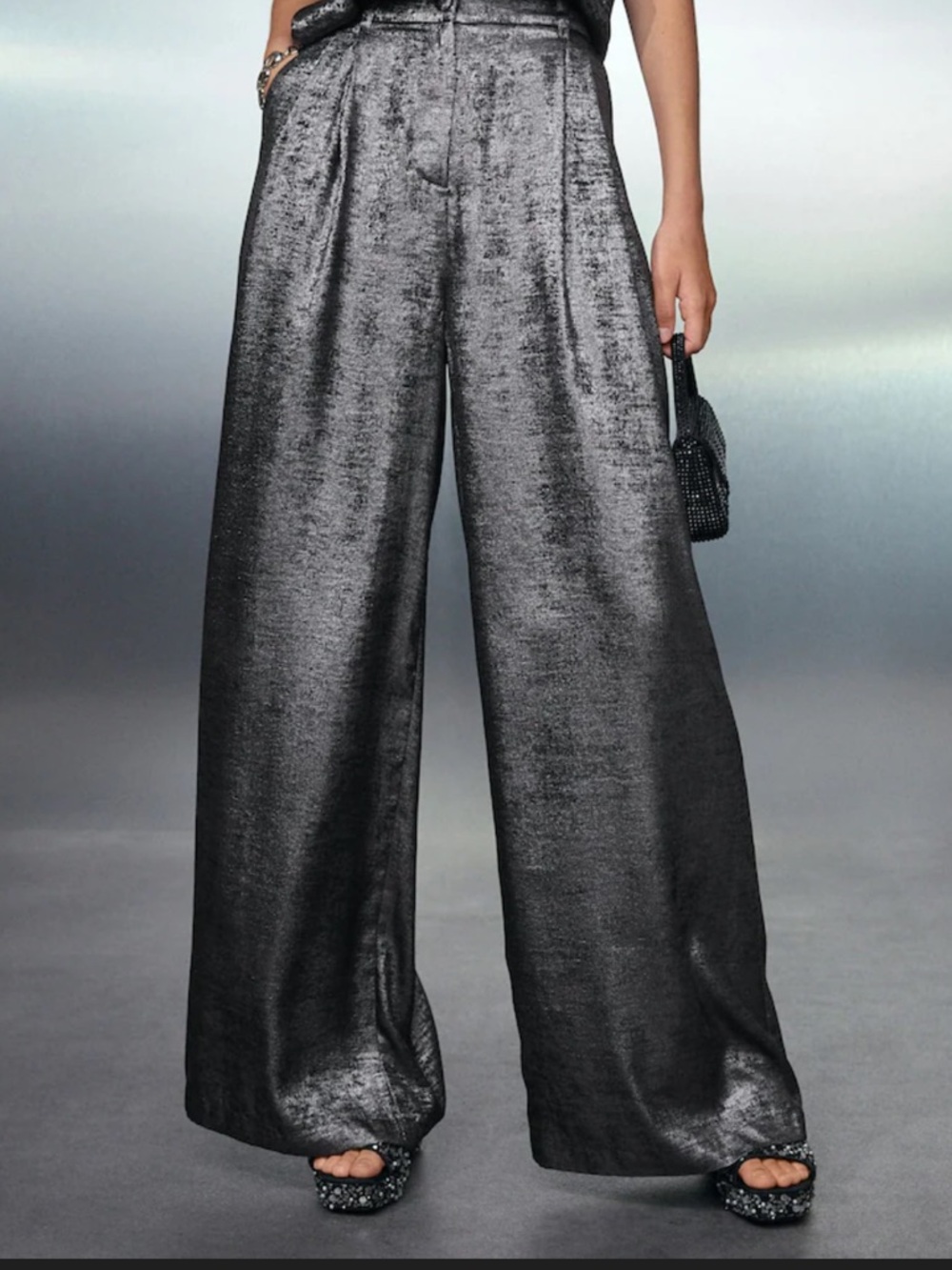 Style USA Metallic Wide-Leg‎ High Rise Women's Pants - Silver Gray Sz M